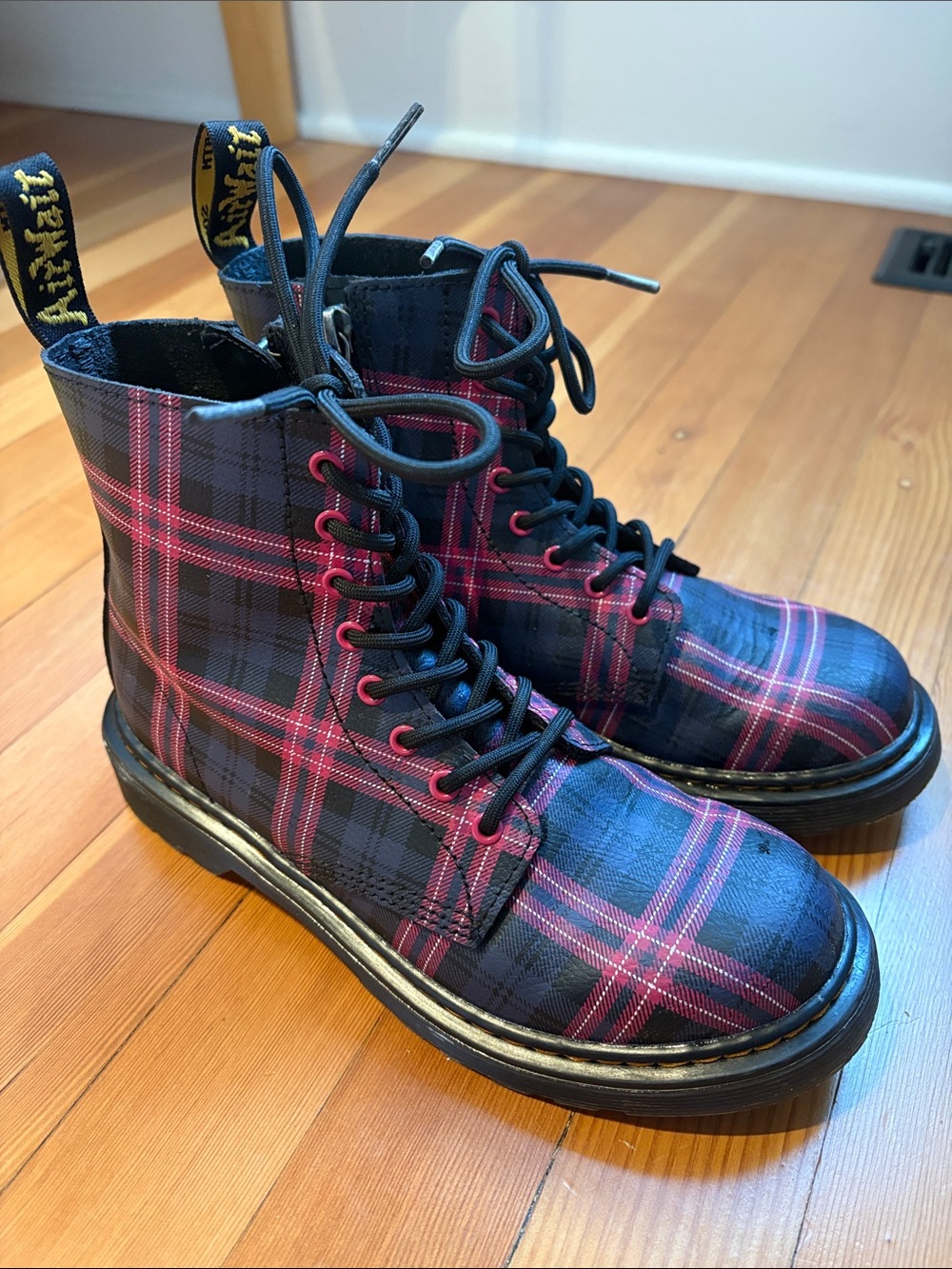 Dr. Martens Navy & Pink Plaid 8-Eye Lace-Up Boots